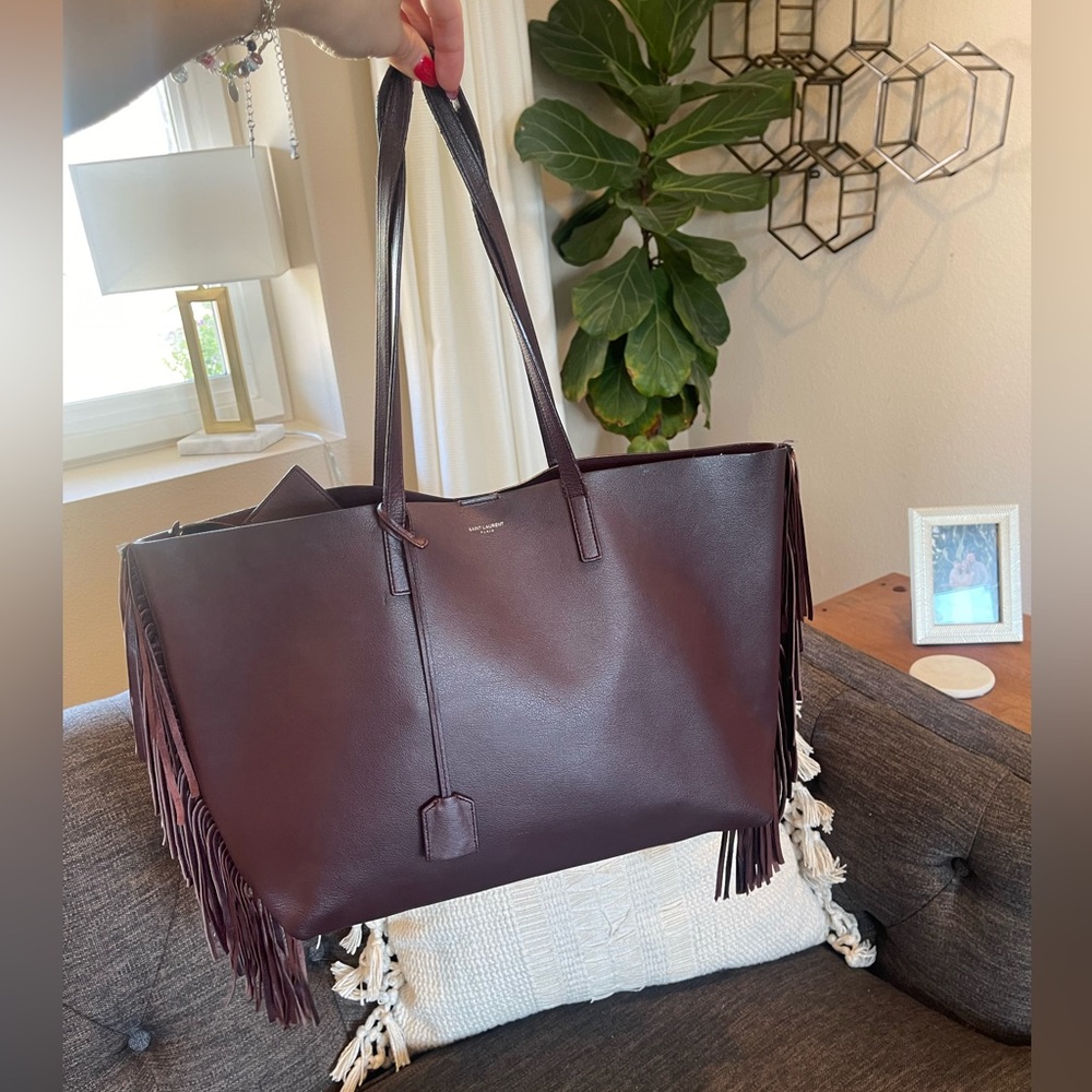 YSL Saint Laurent Large Calfskin Fringe Shopping Tote Bag Maroon - Picture 12 of 15